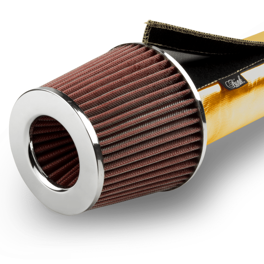 Funk Motorsport Gold Induction Kit heat barrier Velcro sleeving for intake protection, shown in close-up with Velcro fastening detail.