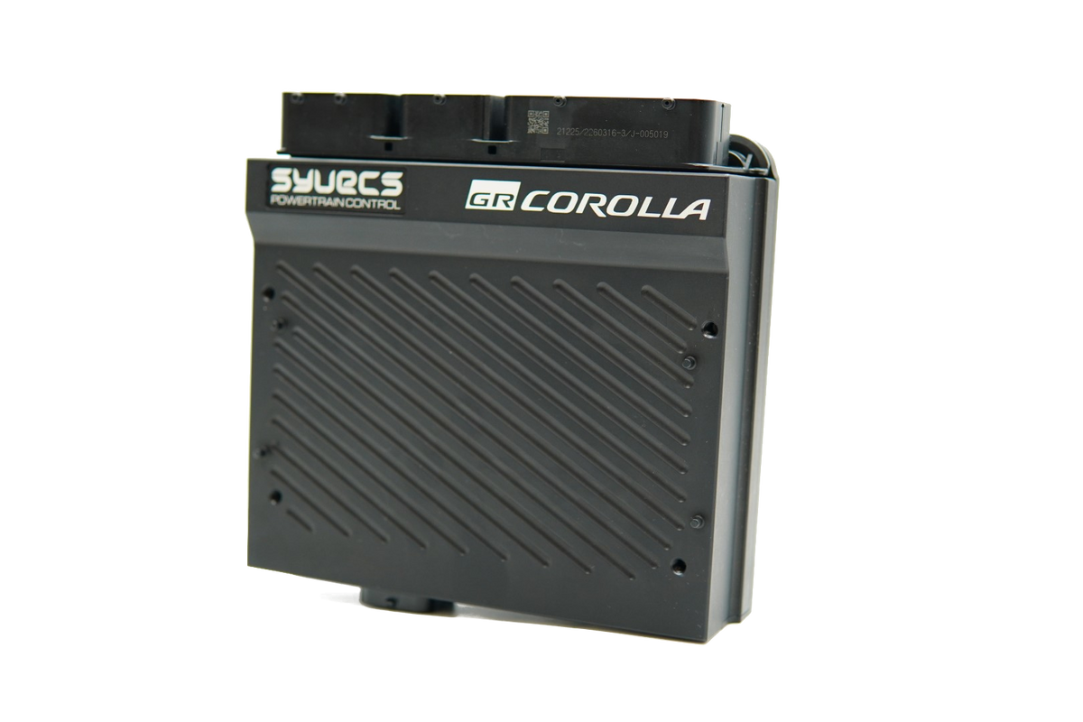Black electronic module with 'SYVECS' and 'Toyota Corolla' branding on a white background