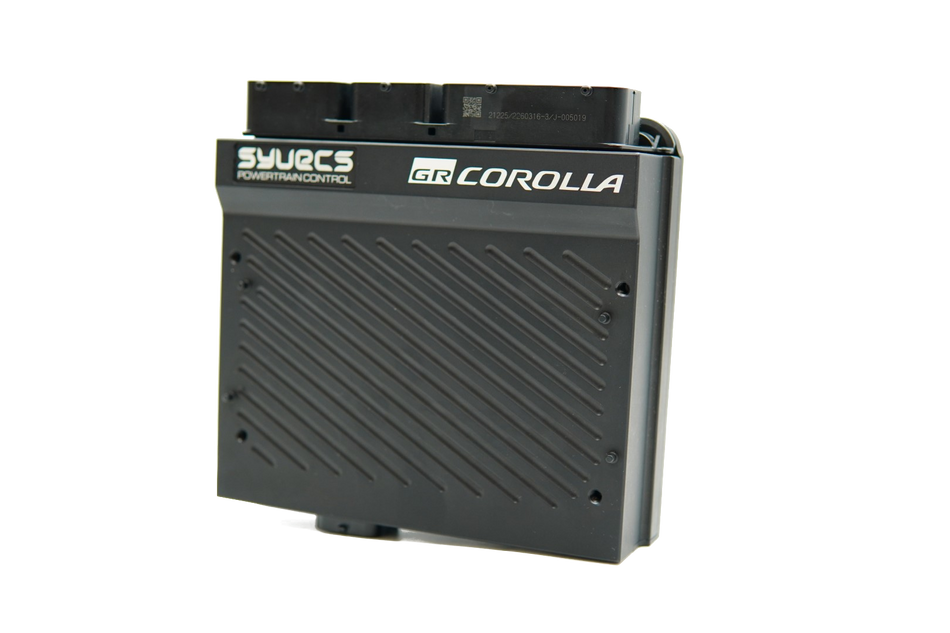 Black electronic module with 'SYVECS' and 'Toyota Corolla' branding on a white background