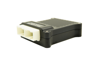 Black electronic module with connectors on a white background